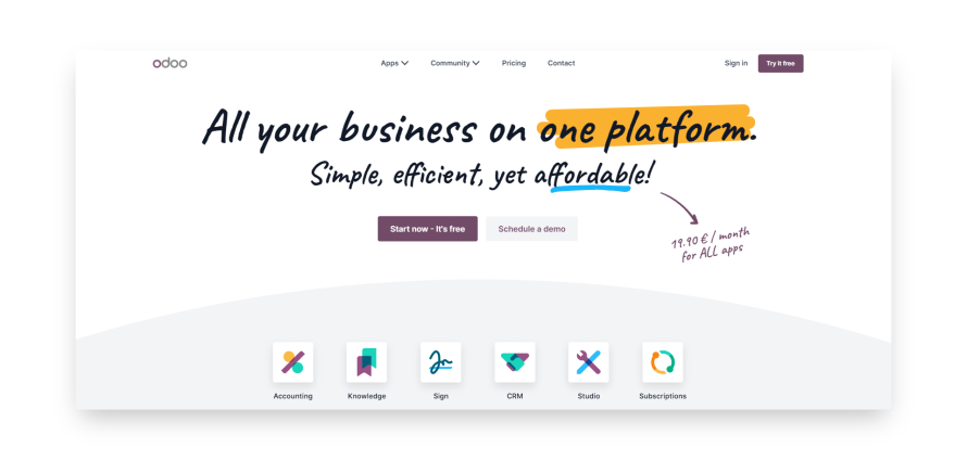 A screenshot of the Odoo homepage. 