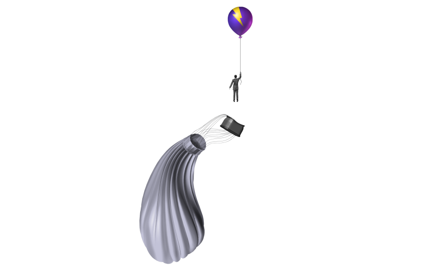 An image of a person being rescued by the Pantheon-branded balloon from a deflated hot air balloon.