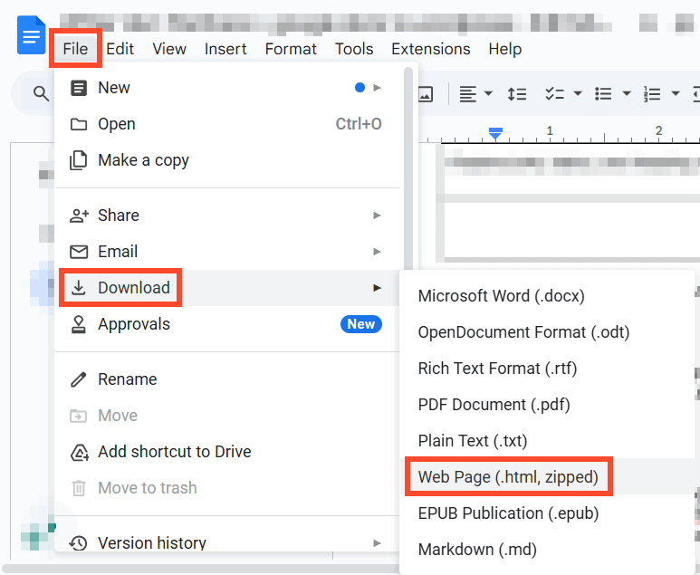 A screenshot showing how to download a Google doc as a .html file.