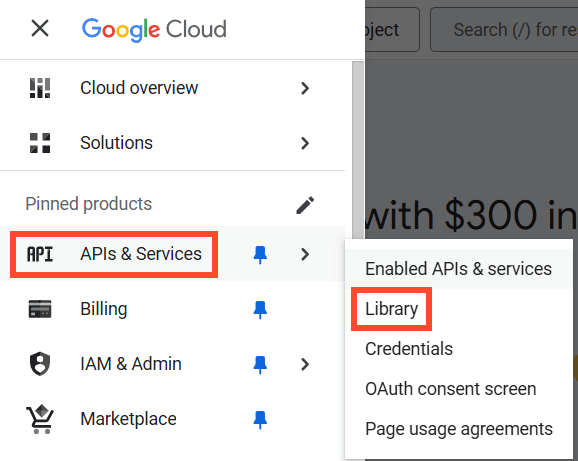 A screenshot of opening the APIs & Services Library in Google Cloud.