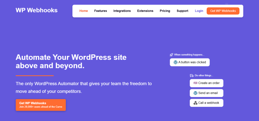 A screenshot of WP Webhooks’ homepage.