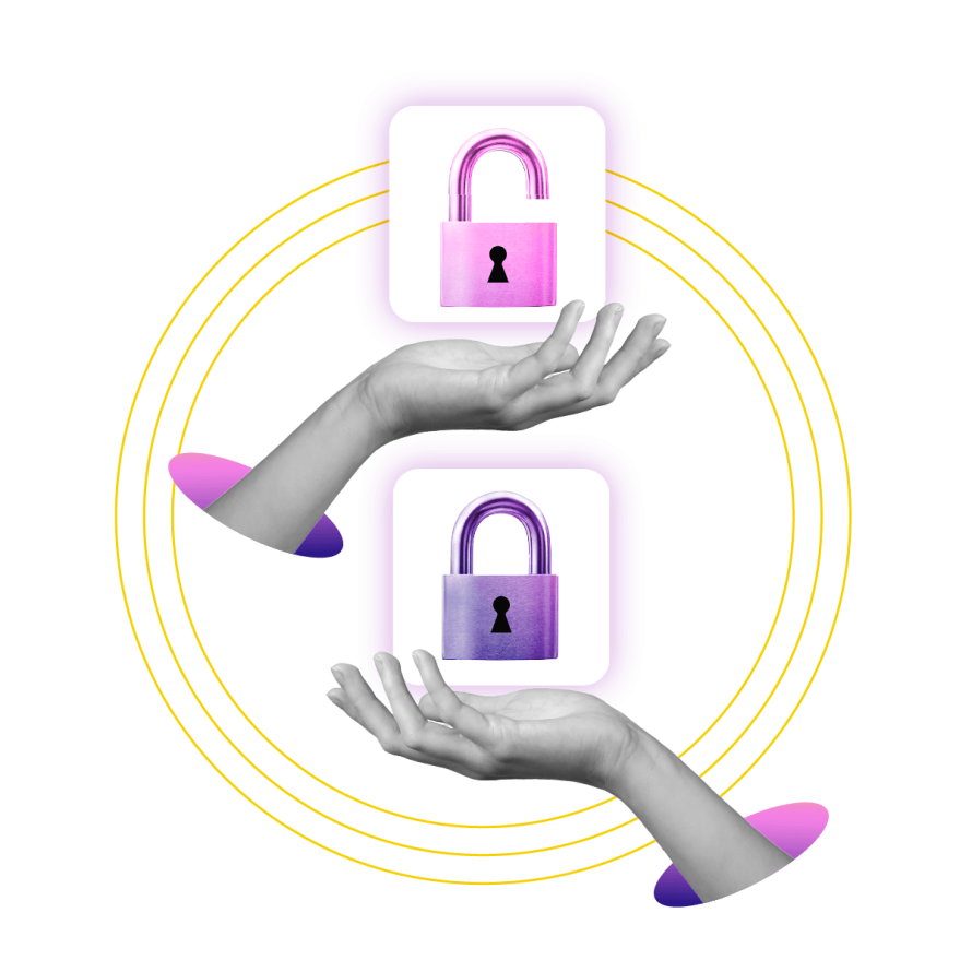 A collage of hands and padlocks, one is open, one is locked