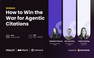 A webinar invitation with speaker headshots and date (June 25) for the How to Win the War for Agentic Citations webinar.